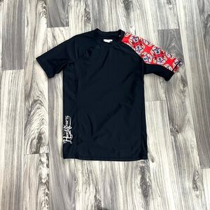 Black Tee with Red Patterned Sleeve compression shirt